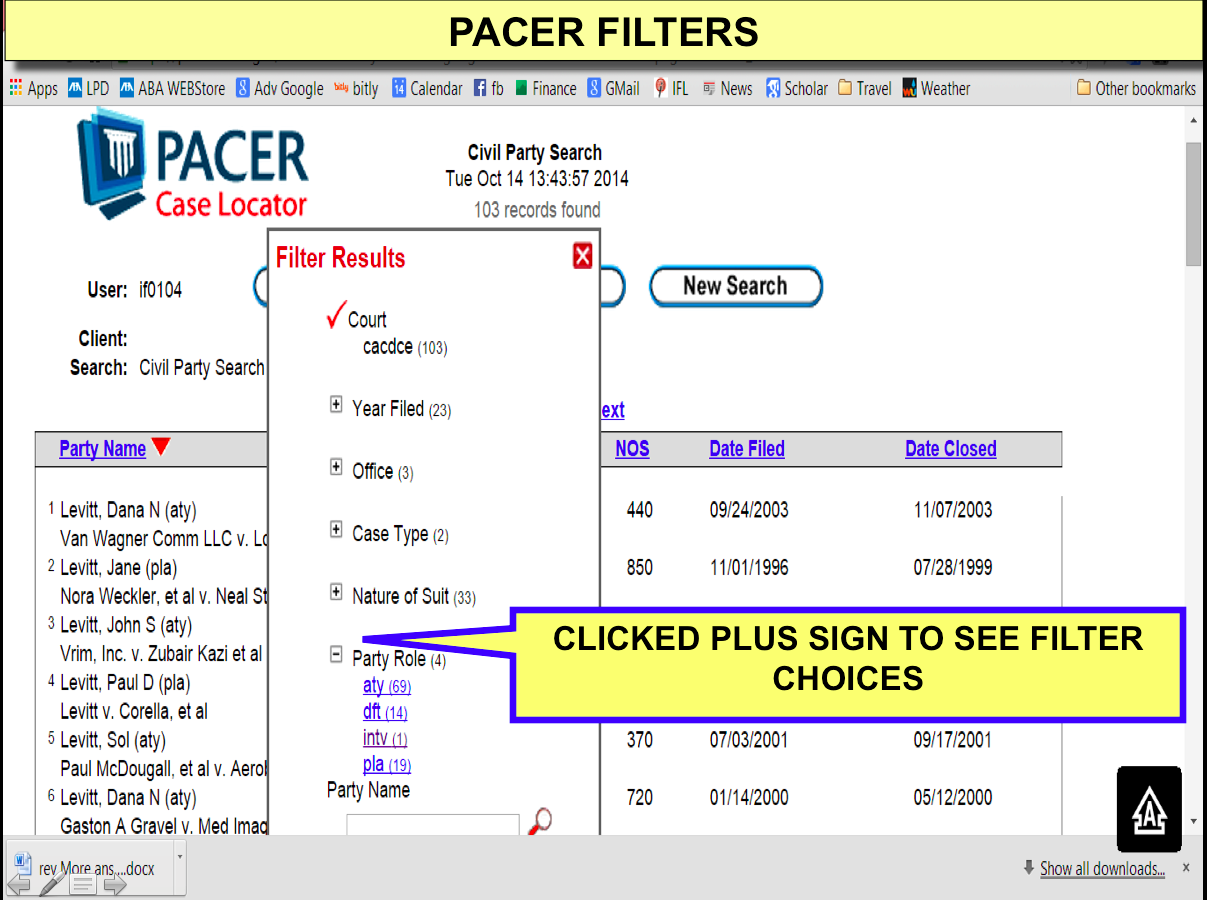 PACER filter results filter options